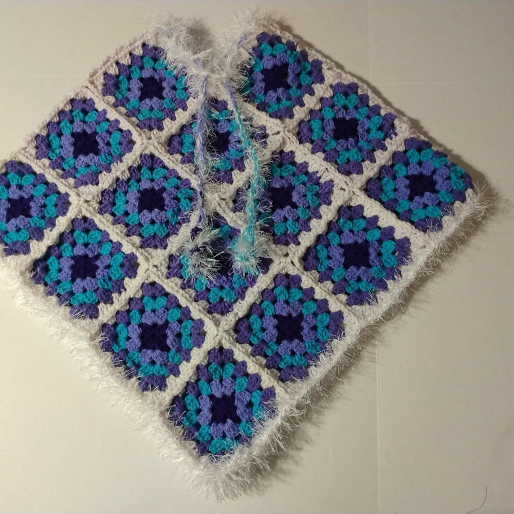 FRIGID BLUE GRANNY SQUARE PONCHO WITH FUN FUR **